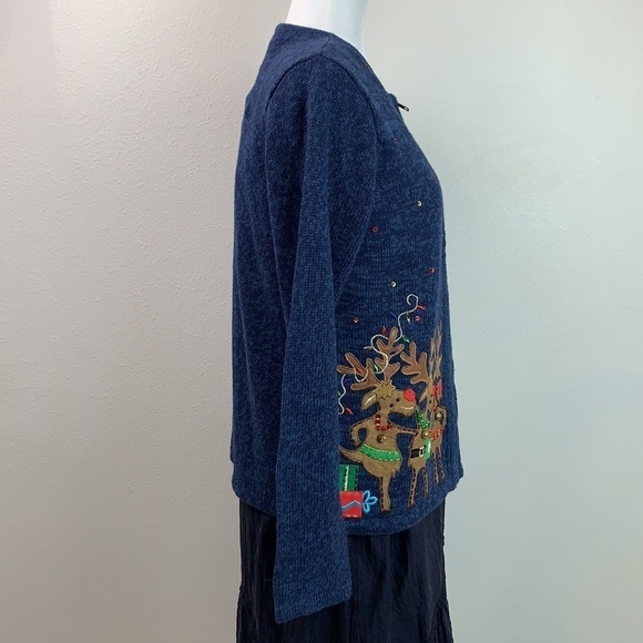 Singing reindeers cotton zip up vintage Tiara International Christmas sweater - Picture 8 of 11